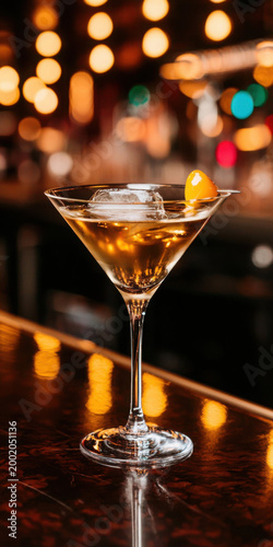 Elegant Cocktail with Ice and Orange Garnish in Bar Setting