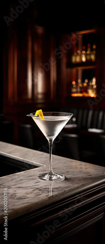 Elegant Martini with Lemon Twist on Marble Bar Surface