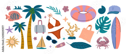 Summer beach vacation icons and elements collection with palm trees tote bag inflatable ring summer fashion flat design beach accessories vacation elements collection tropical swimsuit