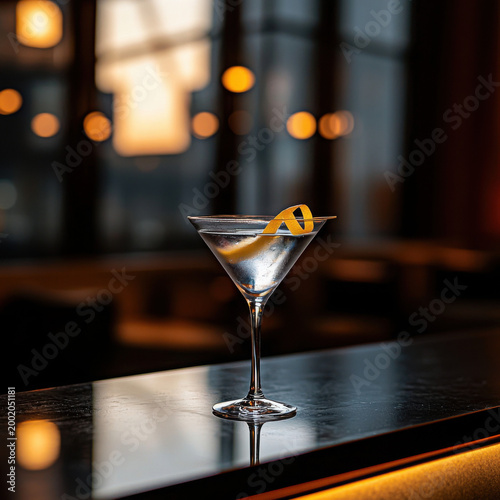 Elegant Martini with Lemon Twist at Sunset in a Stylish Bar