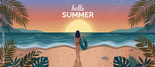 Hello summer beach scene with woman and surfboard at sunset palm trees golden hour summer time coast scenery evening sky tropical vacation silhouette surfboard relaxation coastline