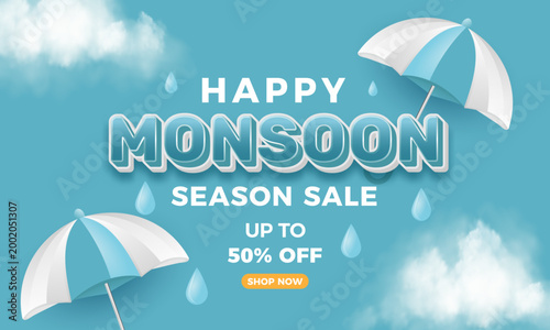 Happy monsoon season sale banner template with umbrellas and raindrops
