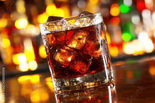 Glass of Dark Refreshing Beverage with Ice Cubes on Bar Counter