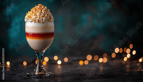 Delicious Layered Dessert in Glass with Cream and Nuts Decoration