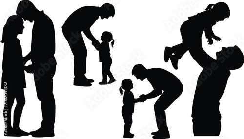 Father and child silhouettes collection family interaction poses black vector illustration of parenting love care and bonding moments