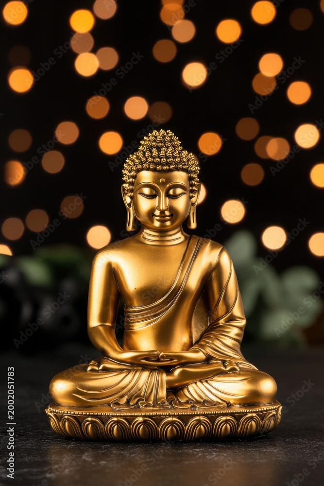 Fototapeta premium Golden Buddha Statue with Blurred Bokeh Background for Serenity