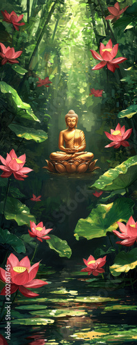 Serene Buddha Amidst Lush Greenery and Lotus Flowers in Forest