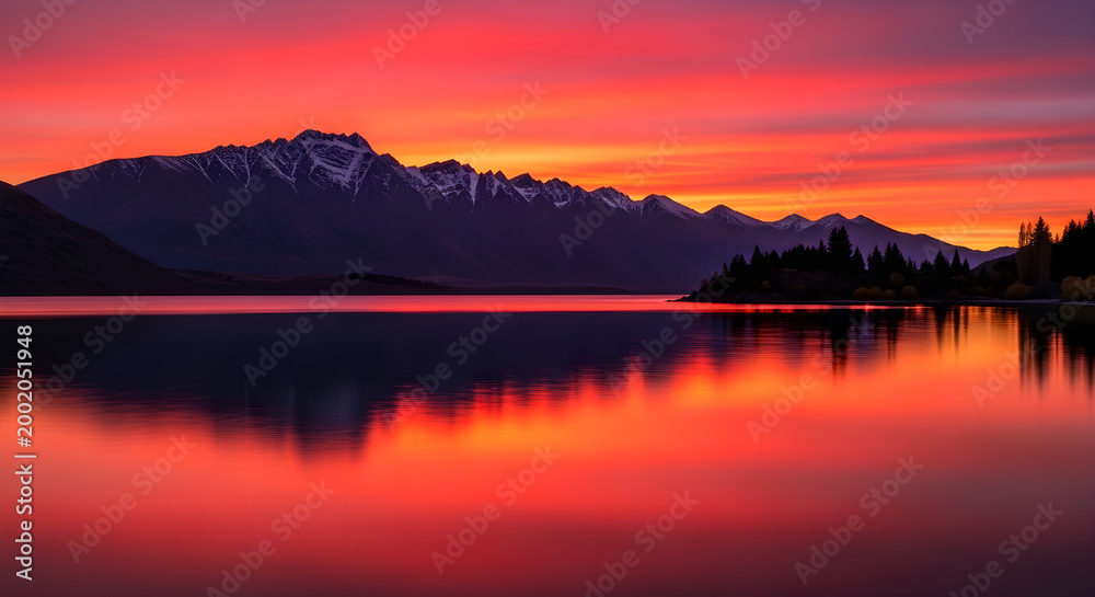 Fototapeta premium Mountain lake reflects vibrant sunset colors
