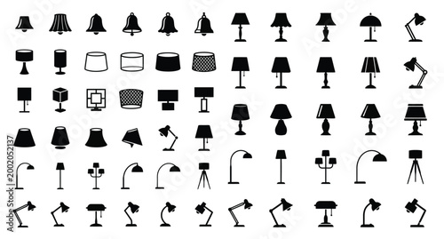 A professional vector silhouette icon sheet featuring 50 different variations of a lamp shade or desk lamp .eps