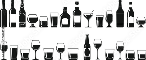 Black and white silhouette collection of bottles and drinking glasses showcasing beverage containers and barware design