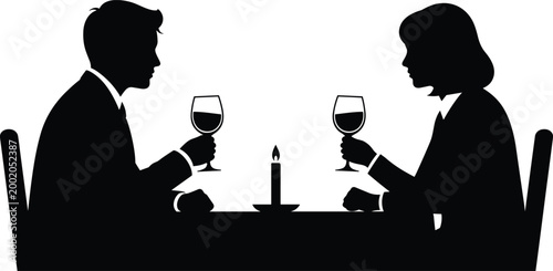 Romantic Dinner Silhouette of Couple with Wine Glasses and Candlelight at Table Illustration
