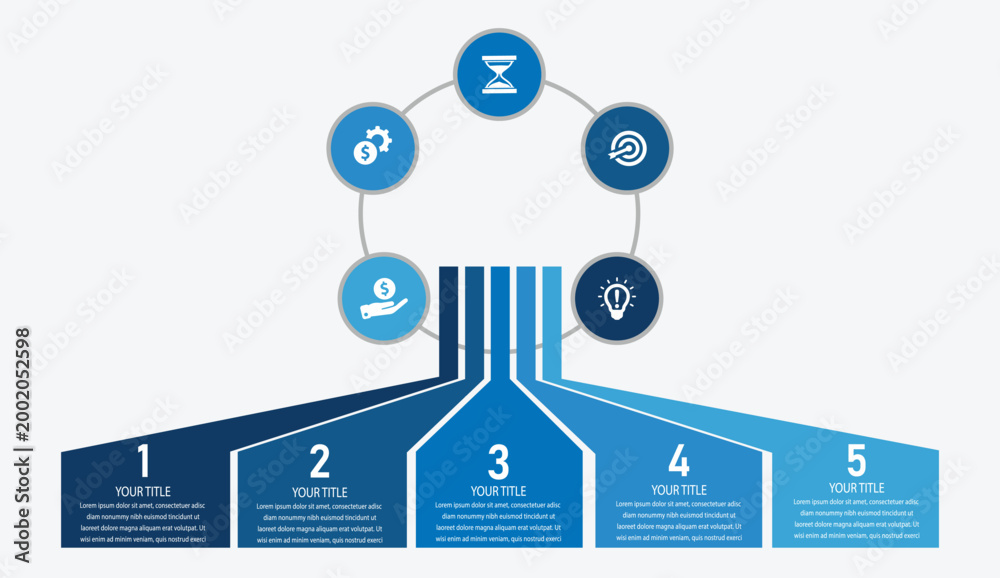 © Lang - 5-Step Business Modern business process workflow infographic with five steps timeline strategy planning icons and circular concept design