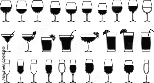Black and white silhouette collection of wine, cocktail, and champagne glasses for beverage and hospitality design