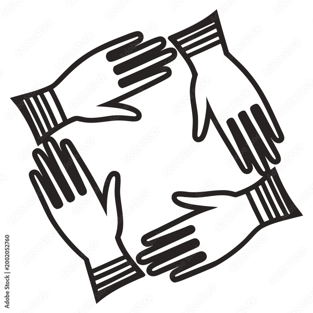 Obraz premium Graphic icon of four hands joined in a circle with teamwork cooperation together connection collaboration partnership