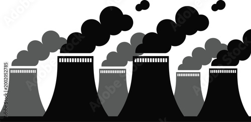 Industrial factory smokestacks pollution, illustration, emitting smoke representing air contamination environmental damage and industrial emission concept.