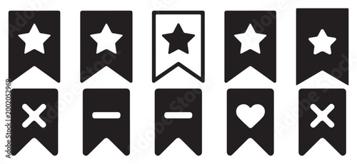 Bild auf Leinwand Solid black bookmark and flag icons with star and plus, vector navigation symbols