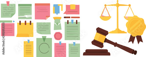 Legal and law elements set with justice scale, gavel, documents and certificate seal, flat vector illustration for court, legislation, paperwork, and business compliance design