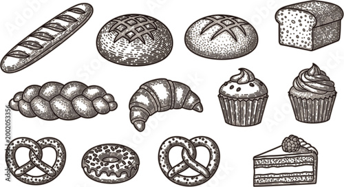 PrintHand Drawn Bakery Food Icon Set with Bread Croissant Cupcakes Donut Pretzel Cake Vintage Vector Illustration Collection