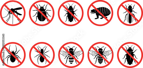 No insects prohibition signs collection featuring mosquito beetle fly and pest icons with red warning symbols flat vector illustration
