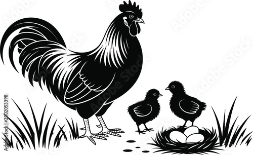 Rooster with chicks and eggs in a nest on grass vector illustration