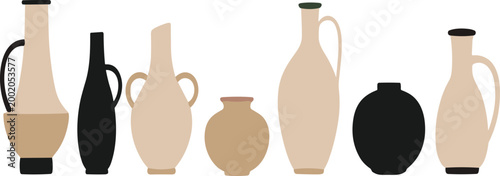 Minimalist ceramic vases collection with modern and traditional shapes, decorative pottery silhouettes in neutral tones, flat vector illustration for home decor and interior design projects