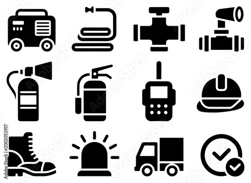 firefighting equipment icon set
