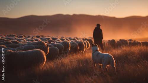 Shepherd dog helping farmer manage a flock of sheep ,work , growing animals, animal care, hard work, care about animals, photo style