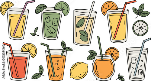 Summer drink illustration set with cocktails juice and fruit garnishes
