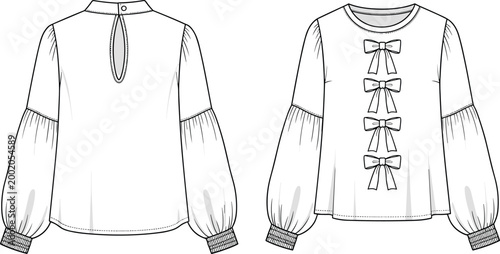 Blouse flat sketch, round neckline keyhole back, flutter sleeves, gathered bodice, decorative bows front, elastic cuffs, tiered feminine garment illustration
