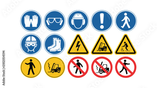 A set of industrial safety and warning signs are displayed on a surface.