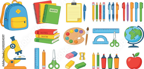 Back to school stationery vector set featuring backpack notebooks microscope globe colorful pens pencils highlighters and art supplies for student education and classroom design.