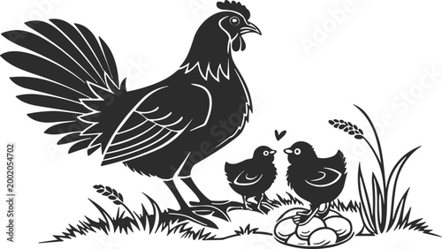Silhouette of a hen with two chicks and eggs in grass with wheat stalks Keywords: hen, chicken, chick, baby chicken, bird, fowl