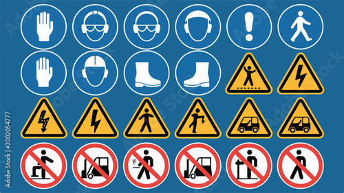 A set of warning signs and symbols are displayed on a blue background for safety.