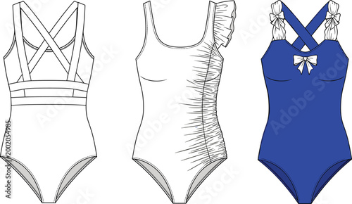One piece swimsuit flat sketch, crisscross straps back, scoop neckline, ruffled shoulder detail, decorative bow front, fashion garment illustration