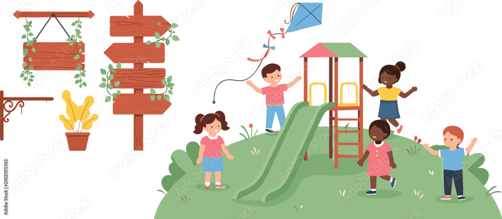 Fototapeta premium Kids playing at playground with slide and kite, outdoor park activities and wooden sign elements, colorful flat vector illustration for childhood, recreation, and nature design