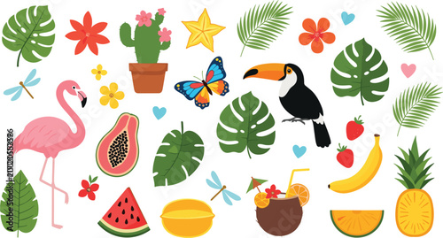 Tropical nature set with flamingo toucan and exotic fruit