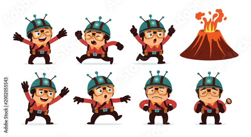 Cartoon character poses and volcanic eruption illustration
