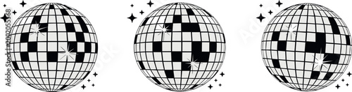 Quadro em tela Shiny disco ball vector set with mirrored mosaic tiles, sparkling star effects,
