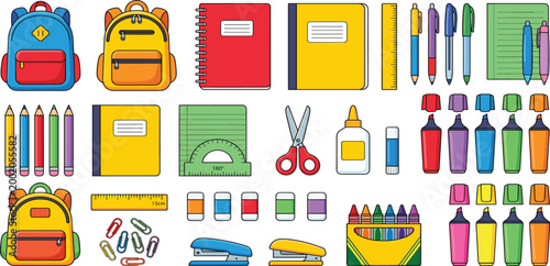 Comprehensive back to school stationery set featuring backpacks notebooks pens markers pencils scissors glue and various classroom supplies for student education.