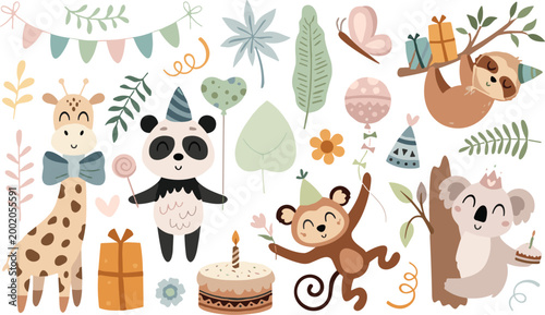 Tropical summer nature set with flamingo toucan fruits and palm leaves