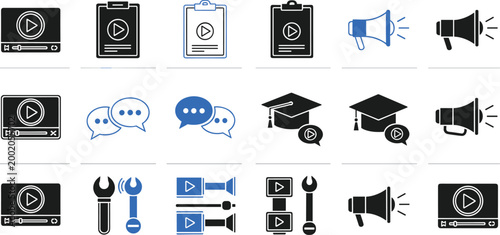 Set of professional vector icons for online education video tutorials marketing announcements graduation and technical support services in blue and black