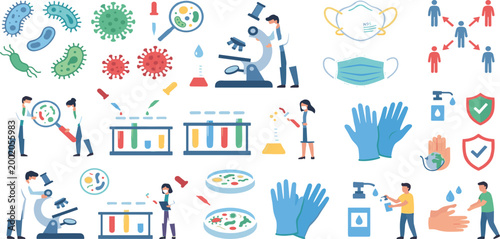 Comprehensive medical laboratory research and virus prevention vector set featuring scientists microscope vaccine development hygiene safety masks and healthcare protection symbols.