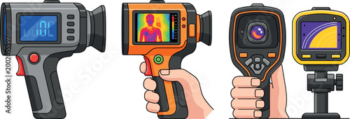 Thermal imaging devices set with handheld infrared cameras and heat detection scanners, industrial temperature measurement tools vector illustration collection