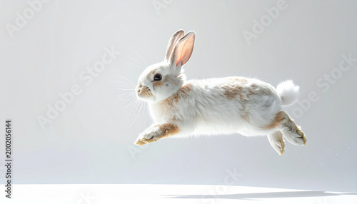 Jumping rabbit against white background