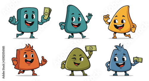 Cartoon characters holding money and running in various colors
