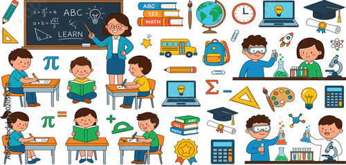 Comprehensive school education set with teacher students in classroom science experiments learning math and various icons like bus globe laptop and graduation cap.