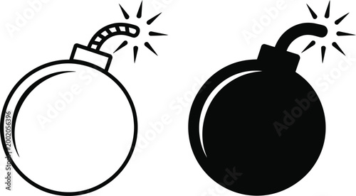 Stylish bomb icon set, minimalist black and white explosion symbols representing danger risk alert and warning concept for UI and signage design.