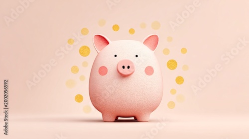 Delicate pastel pink piggy bank with textured surface, surrounded by golden bokeh, a serene and artistic representation of financial security and growth.