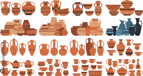 Traditional pottery collection vector illustration with ceramic vases jugs bowls and handmade clay tableware isolated on white background