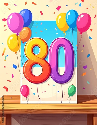 Birthday or anniversary card with number 80. Cartoon illustration with bright colors and balloons
